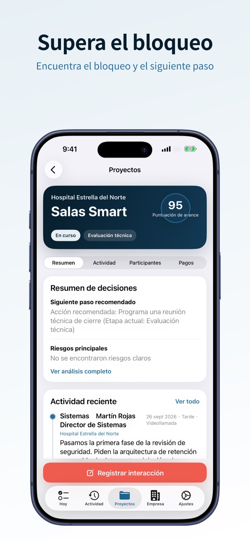 Detalle de proyecto y próxima acción en VINEQRA